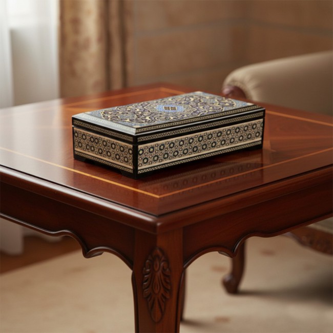 MARGOUN Handmade Khatamkari Inlaid Wooden Jewelry Box, Decorative Keepsake Box, Authentic Middle Eastern Marquetry Art, 20 x10 x 5.5 cm