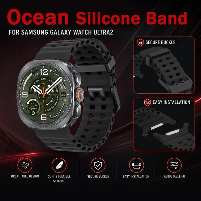 MARGOUN Silicone Sport Band Compatible with Samsung Galaxy Watch Ultra 2 (2026), No Gap Breathable Waterproof Replacement Strap for Men and Women - Black