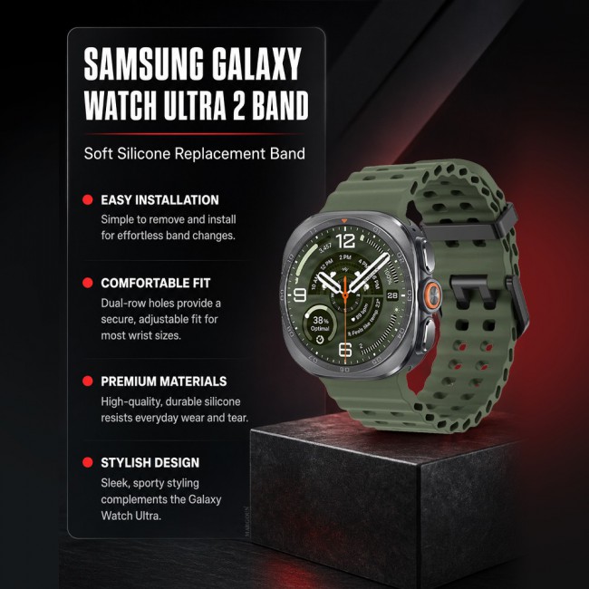 MARGOUN Silicone Sport Band Compatible with Samsung Galaxy Watch Ultra 2 (2026), No Gap Breathable Waterproof Replacement Strap for Men and Women - Army Green