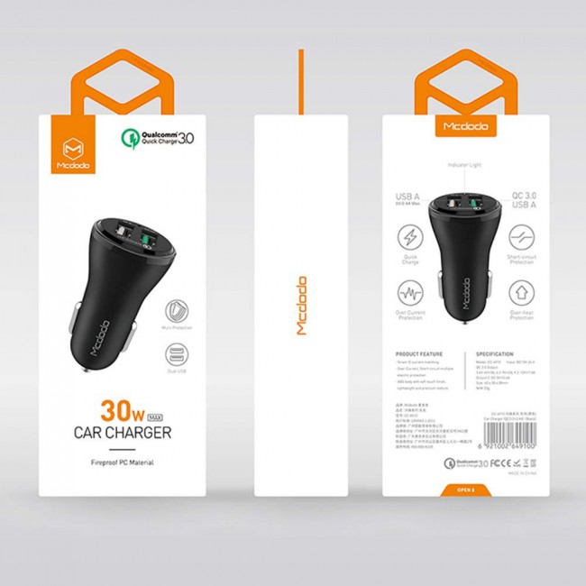 Mcdodo CC-4910 QC3.0 30W Dual USB Ports Car Charger - Black