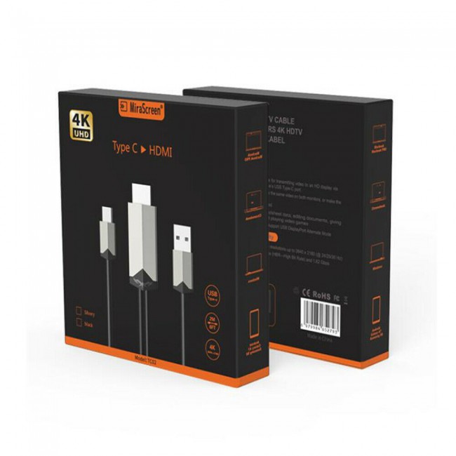 MiraScreen TC02 4K Type-C to HDMI Cable 2m - Silver and Black