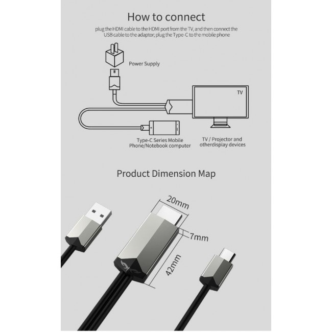 MiraScreen TC02 4K Type-C to HDMI Cable 2m - Silver and Black
