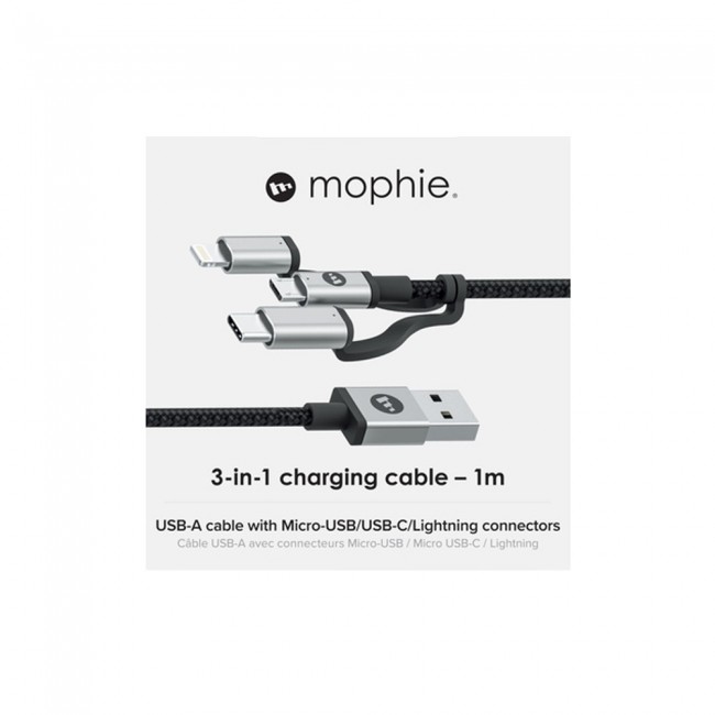 Mophie 3 in 1 Charging Cable USB A with Micro USB , USB C and Lightning Connector Braided Nylon 1m - Black