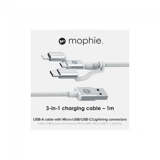 Mophie 3 in 1 Charging Cable USB A with Micro USB , USB C and Lightning Connector Braided Nylon 1m - White