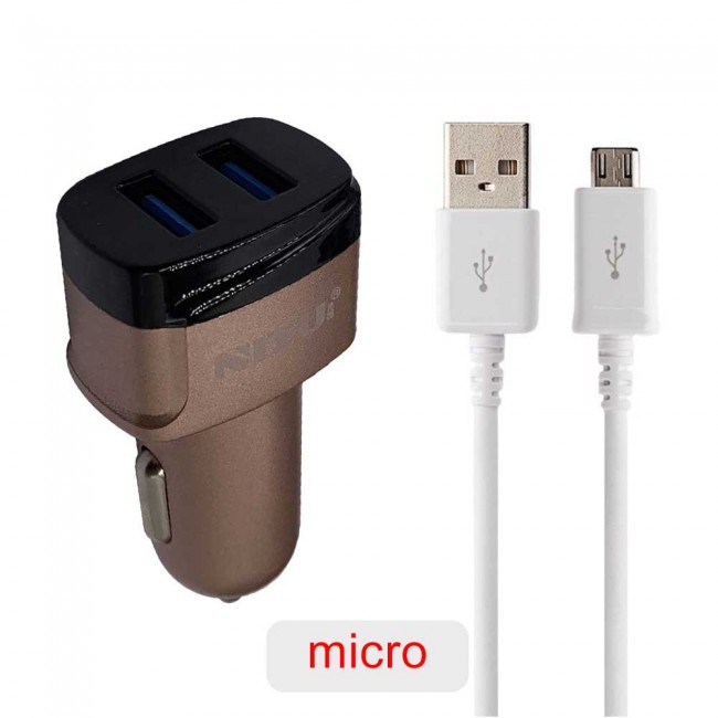Nitu NT-CC835 Dual USB Car Charger 2.4A for Android and iOS with Lightning , Micro and Type-C USB Cable – Brown