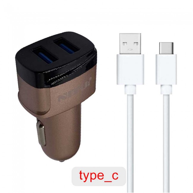 Nitu NT-CC835 Dual USB Car Charger 2.4A for Android and iOS with Lightning , Micro and Type-C USB Cable – Brown