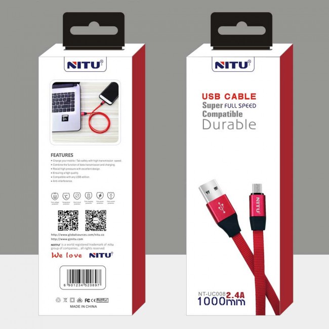Nitu UC-021 Flat Fabric High Speed Lightning , Micro and Type-C USB Data Cable 100cm – Red