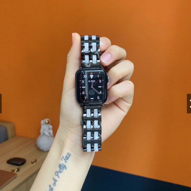 Apple Watch Band 42-44-45mm Dark Stainless Steel Strap with White Resin Design