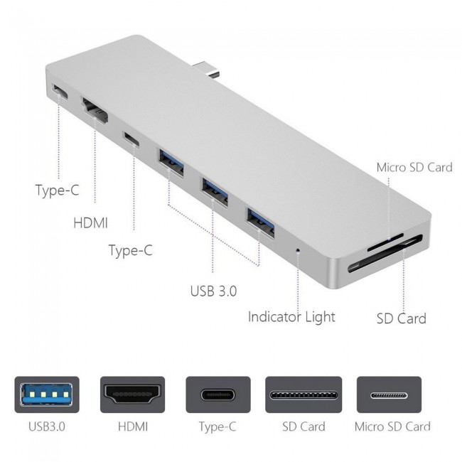 8 in 1 Type-C Card Reader and Extension Hub Adapter - Silver