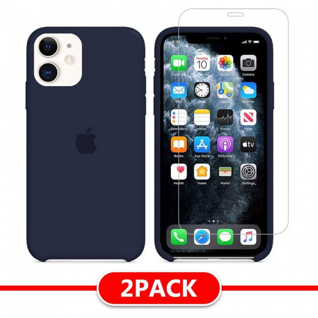 Margoun 2Pack Apple iPhone 12 and 12 Pro Silicone Case Cover and Clear Screen Protector - Navy Blue