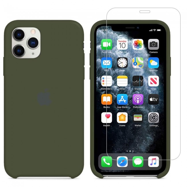 Margoun 2Pack Apple iPhone 12 and 12 Pro Silicone Case Cover and Clear Screen Protector - Dark Green