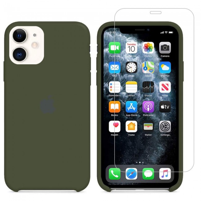 Margoun 2Pack Apple iPhone 12 and 12 Pro Silicone Case Cover and Clear Screen Protector - Dark Green