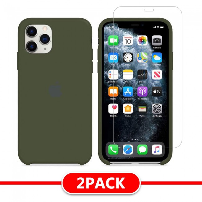 Margoun 2Pack Apple iPhone 12 and 12 Pro Silicone Case Cover and Clear Screen Protector - Dark Green