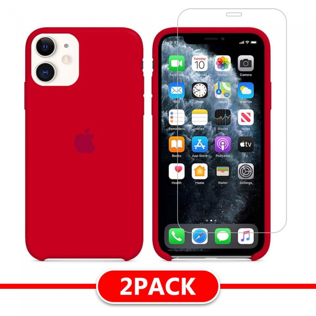 Margoun 2Pack Apple iPhone 12 and 12 Pro Silicone Case Cover and Clear Screen Protector - Red