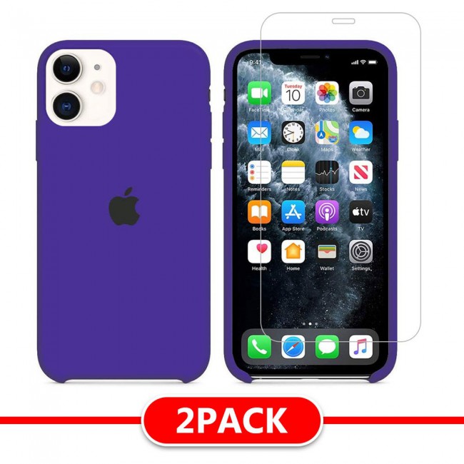 Margoun 2Pack Apple iPhone 12 and 12 Pro Silicone Case Cover and Clear Screen Protector - Purple