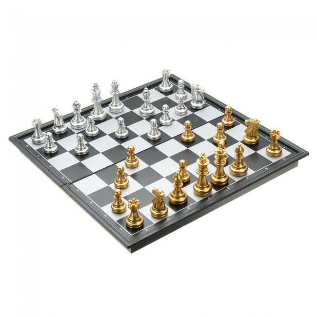 Magnetic Folding Chess Game with Silver and Gold Pieces – International Version