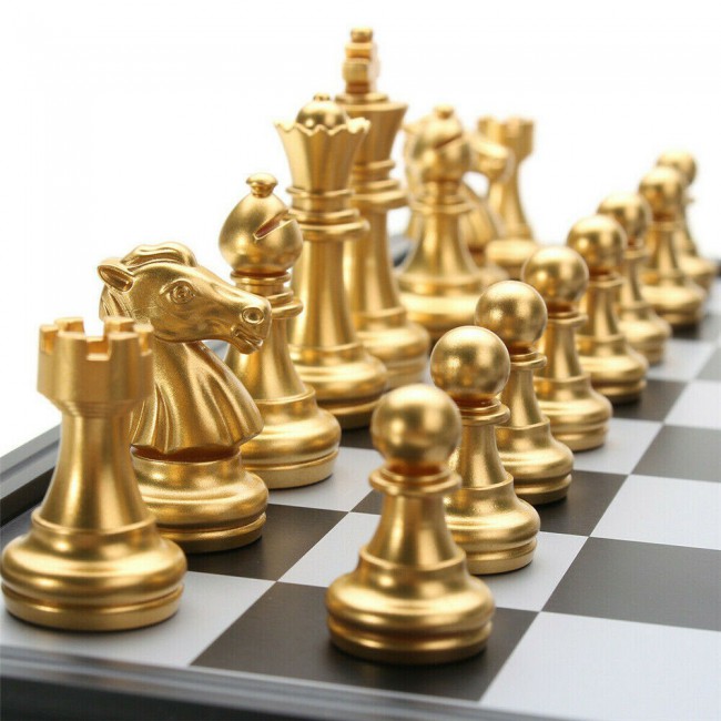 Magnetic Folding Chess Game with Silver and Gold Pieces – International Version