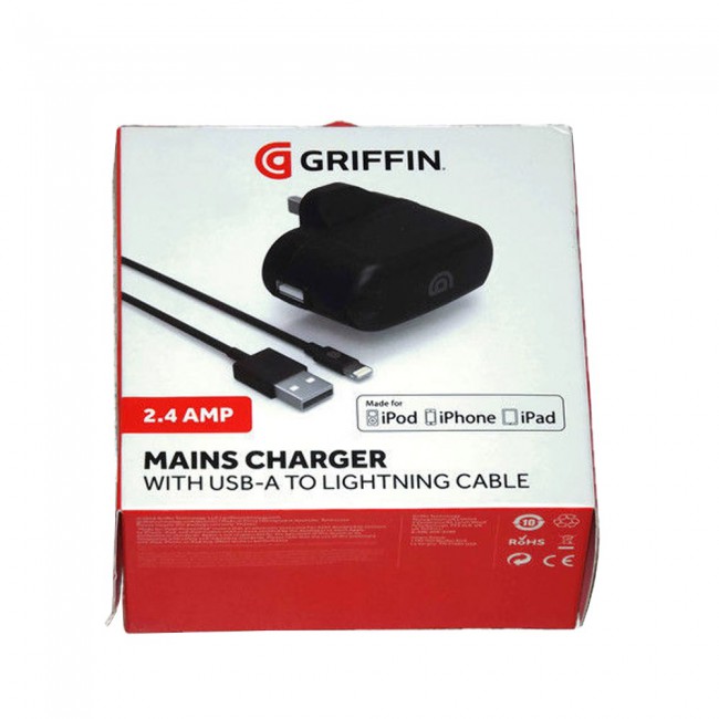 Griffin 2.4 AMP Mains Wall Charger with USB-A to Lightning Cable ( Black )