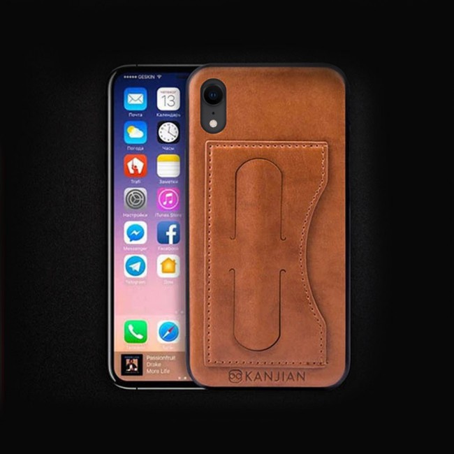 Leather Grip Standing Case Cover for iPhone XR Kanjian - Brown