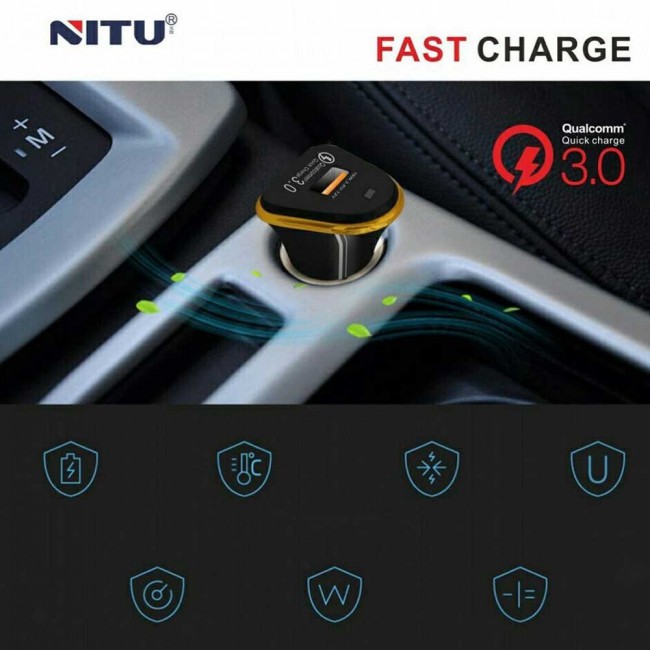 Nitu 18W Qualcomm 3.0 Quick Charge Car Charger with Lightning , Micro and Type-C USB Cable-Black