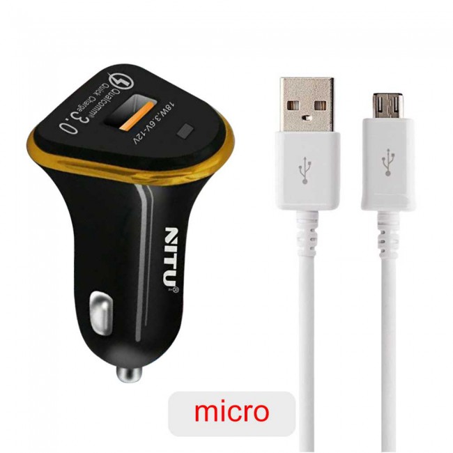 Nitu 18W Qualcomm 3.0 Quick Charge Car Charger with Lightning , Micro and Type-C USB Cable-Black