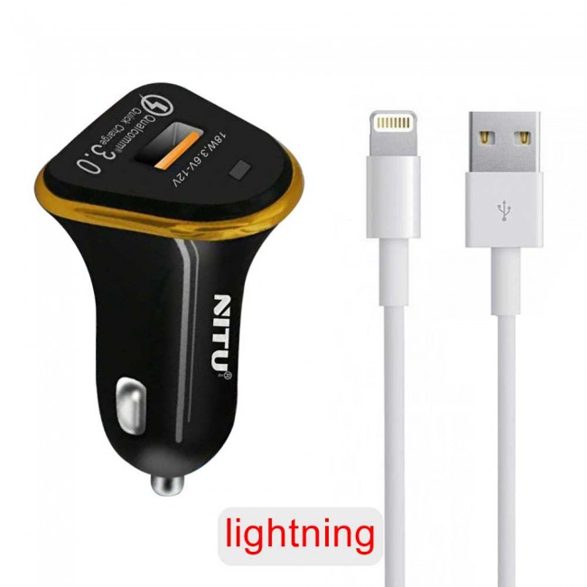Nitu 18W Qualcomm 3.0 Quick Charge Car Charger with Lightning , Micro and Type-C USB Cable-Black