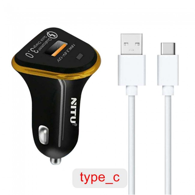 Nitu 18W Qualcomm 3.0 Quick Charge Car Charger with Lightning , Micro and Type-C USB Cable-Black