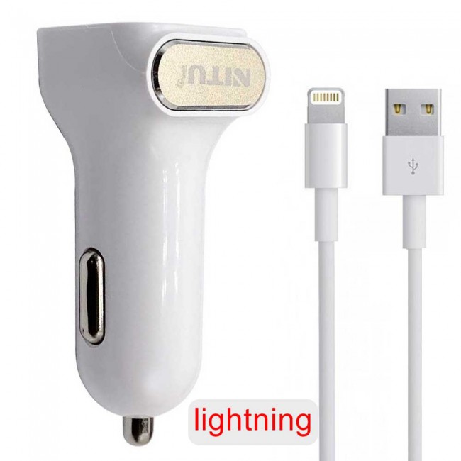 Nitu Dual USB Car Charger 2.4A for Android and iOS with Lightning , Micro and Type-C USB Cable – White