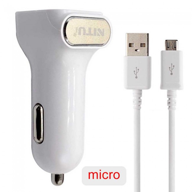 Nitu Dual USB Car Charger 2.4A for Android and iOS with Lightning , Micro and Type-C USB Cable – White