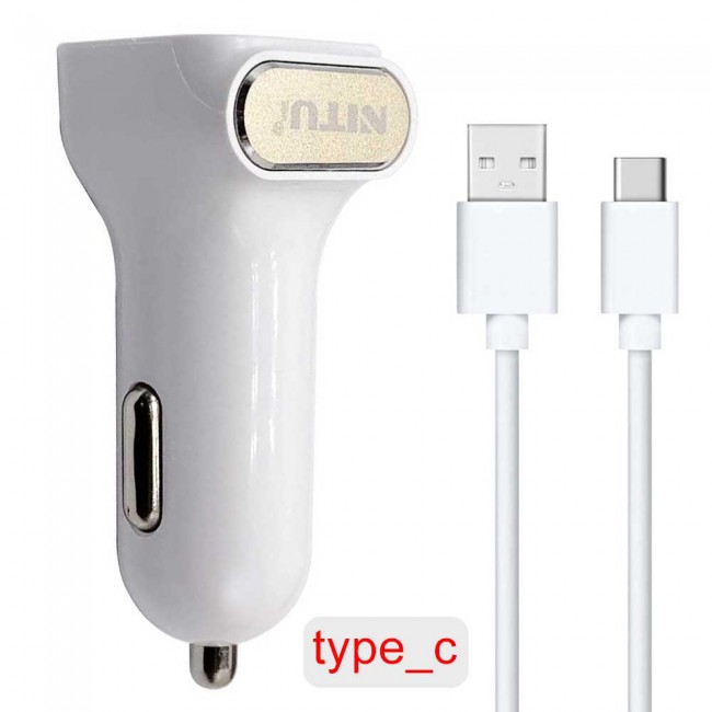 Nitu Dual USB Car Charger 2.4A for Android and iOS with Lightning , Micro and Type-C USB Cable – White