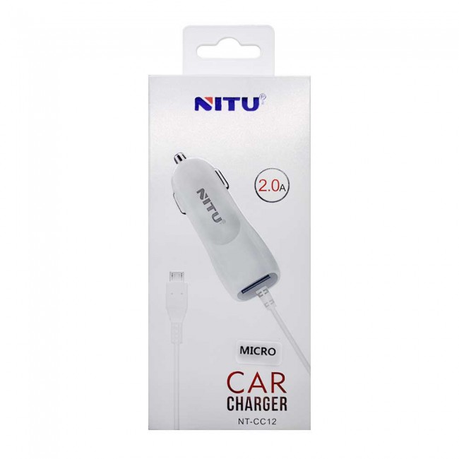 Nitu NT-CC12 Universal Car Charger 2.0A with Lightning , Micro and Type-C USB Cable - White