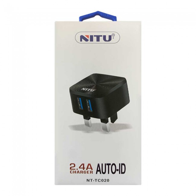 Nitu NT-TC020 Dual USB Auto ID Travel Wall Charger 2.4A with Lightning , Micro and Type-C USB Cable – Black