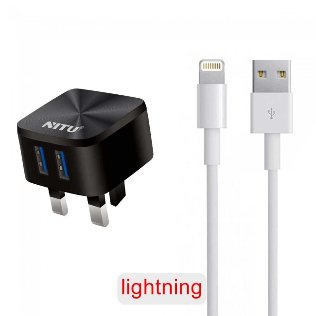 Nitu NT-TC020 Dual USB Auto ID Travel Wall Charger 2.4A with Lightning , Micro and Type-C USB Cable – Black