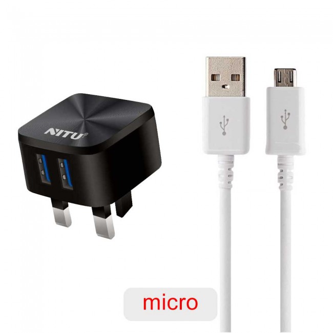 Nitu NT-TC020 Dual USB Auto ID Travel Wall Charger 2.4A with Lightning , Micro and Type-C USB Cable – Black