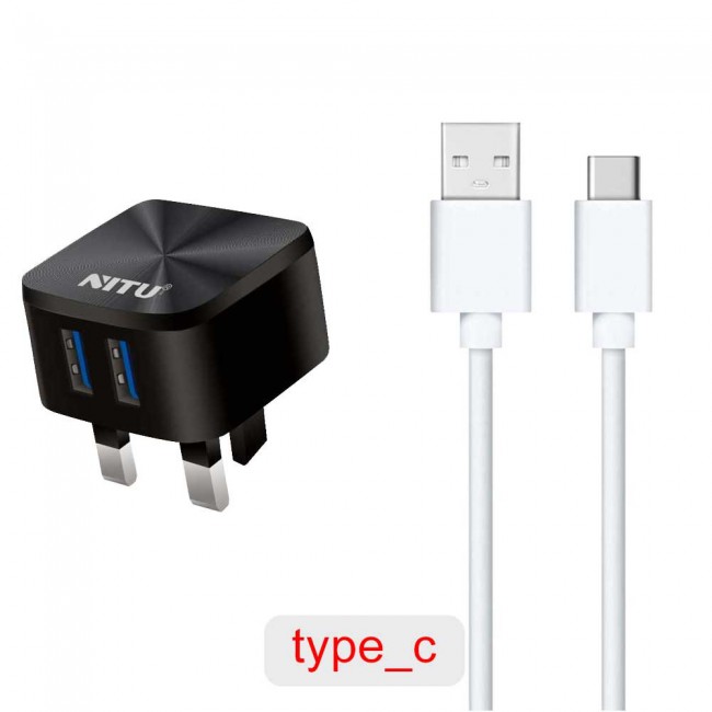 Nitu NT-TC020 Dual USB Auto ID Travel Wall Charger 2.4A with Lightning , Micro and Type-C USB Cable – Black