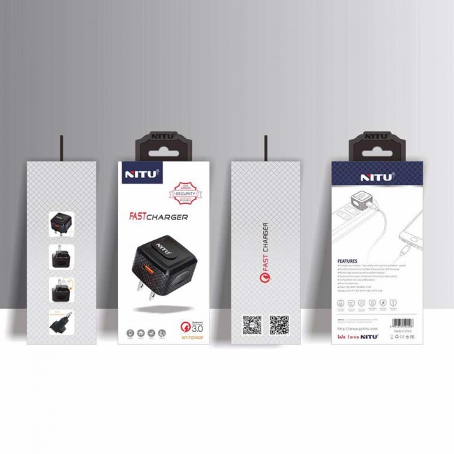 Nitu NT-TC040F Cualcomm 3.0 Quick Charge Wall Charger with Lightning , Micro and Type-C USB Cable – Black