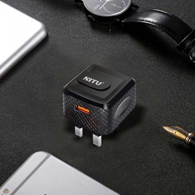 Nitu NT-TC040F Cualcomm 3.0 Quick Charge Wall Charger with Lightning , Micro and Type-C USB Cable – Black