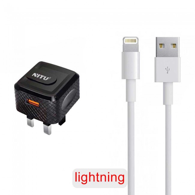 Nitu NT-TC040F Cualcomm 3.0 Quick Charge Wall Charger with Lightning , Micro and Type-C USB Cable – Black