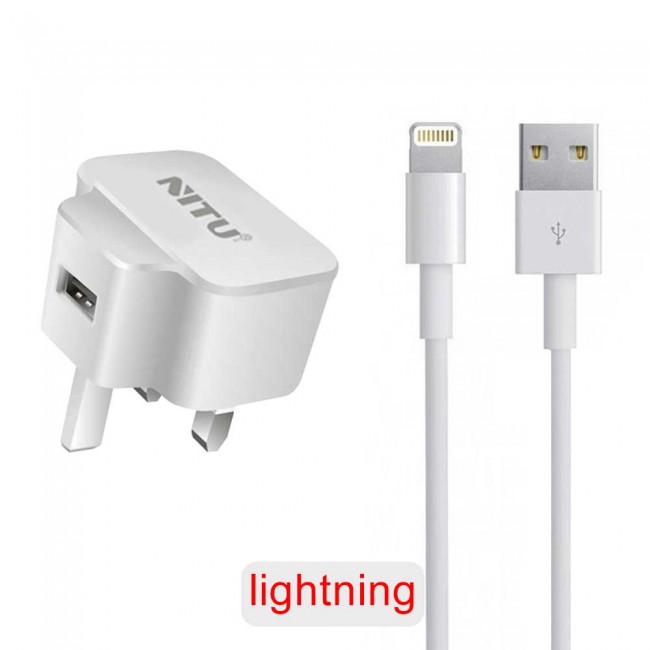Nitu NT-TC16 Wall Charger 2.0A for Android and iOS Devices with Lightning , Micro and Type-C USB Cable - White