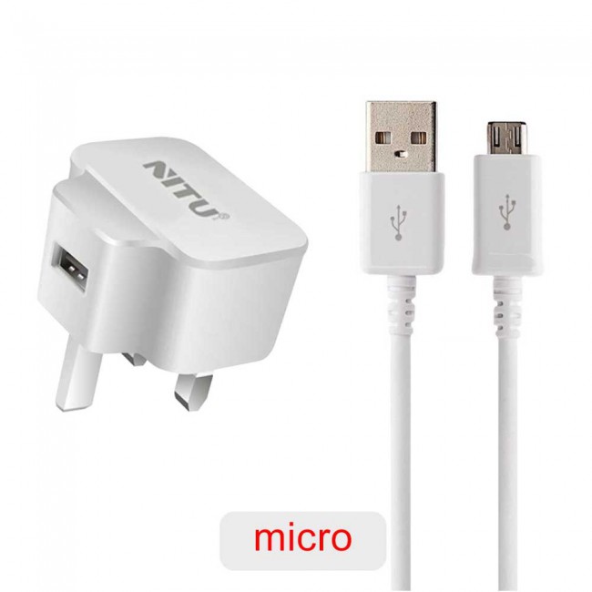 Nitu NT-TC16 Wall Charger 2.0A for Android and iOS Devices with Lightning , Micro and Type-C USB Cable - White