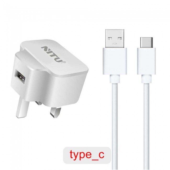 Nitu NT-TC16 Wall Charger 2.0A for Android and iOS Devices with Lightning , Micro and Type-C USB Cable - White