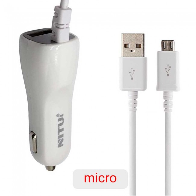 Nitu NT-CC12 Universal Car Charger 2.0A with Lightning , Micro and Type-C USB Cable - White