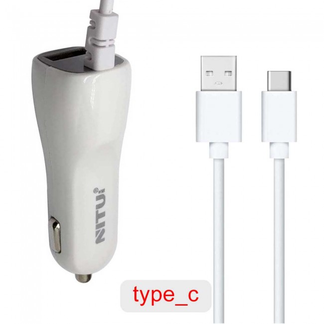 Nitu NT-CC12 Universal Car Charger 2.0A with Lightning , Micro and Type-C USB Cable - White