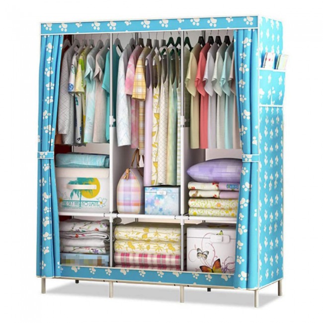 Portable Fabric Wardrobe Clothes Organizer Blue Floral GSMPRICE