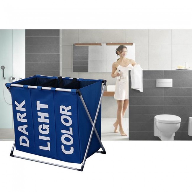 Three-Grid Large Capacity Foldable Laundry Organizer Basket 63cm - Blue