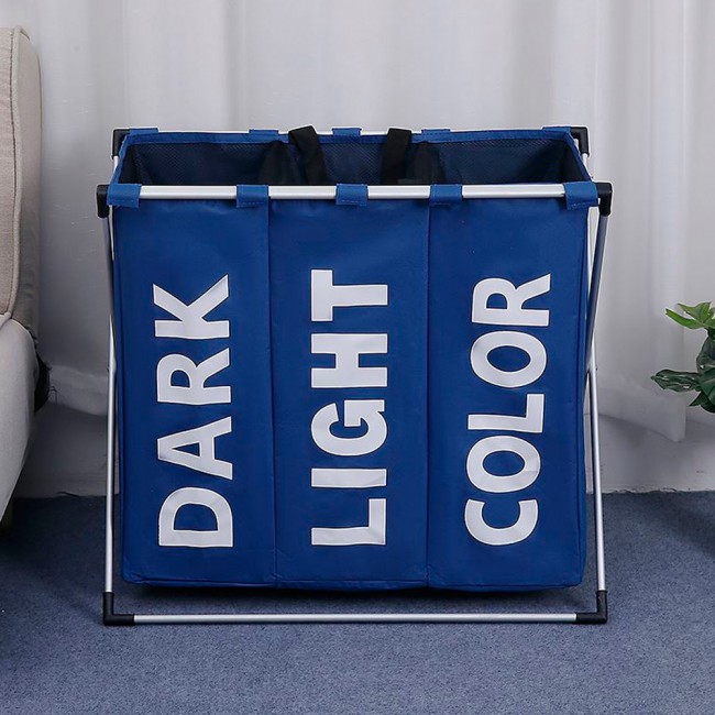 Three-Grid Large Capacity Foldable Laundry Organizer Basket 63cm - Blue