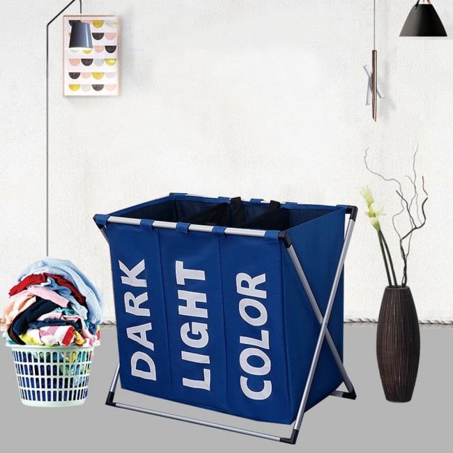 Three-Grid Large Capacity Foldable Laundry Organizer Basket 63cm - Blue