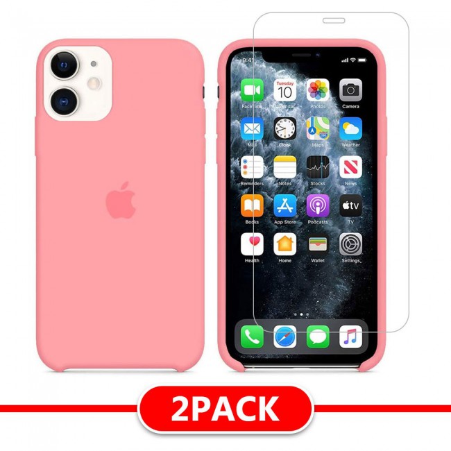 Margoun 2Pack Apple iPhone 12 and 12 Pro Silicone Case Cover and Clear Screen Protector - Pink