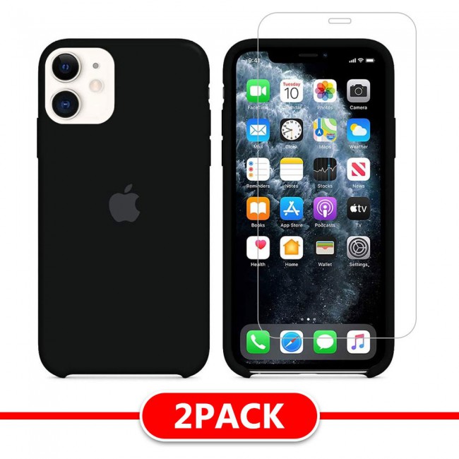 Margoun 2Pack Apple iPhone 12 and 12 Pro Silicone Case Cover and Clear Screen Protector - Black