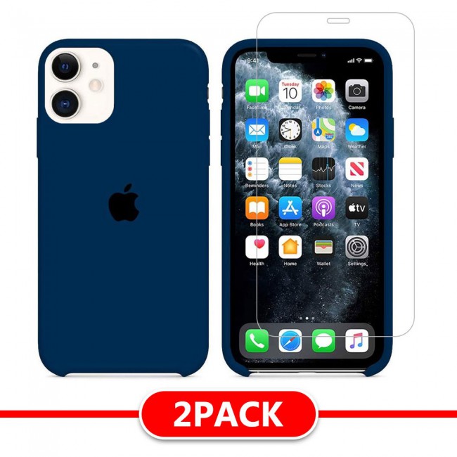 Margoun 2Pack Apple iPhone 12 and 12 Pro Silicone Case Cover and Clear Screen Protector - Dark Blue